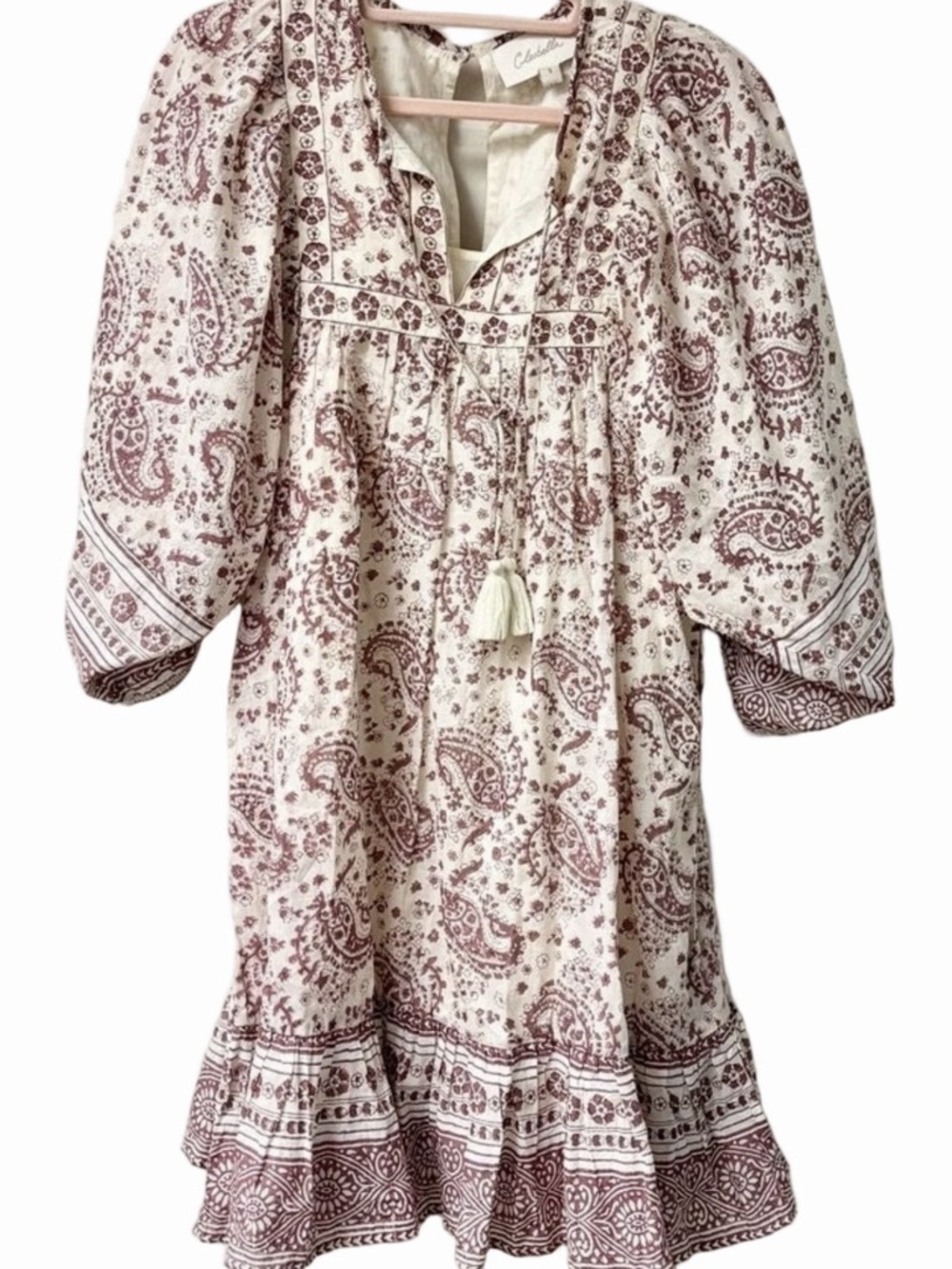 Cleobella Boho Tassel Paisley Mini Dress - Cream & Maroon